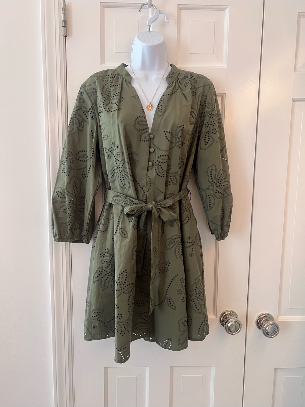 Zara Olive Eyelet Tie-Waist Mini Dress